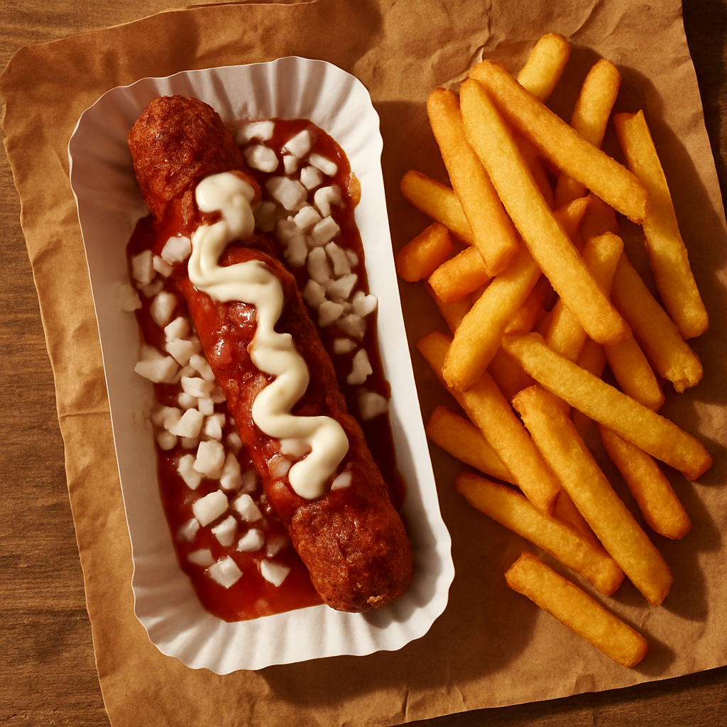 Frikandel Spezial mit Curryketchup, Mayo und Zwiebeln