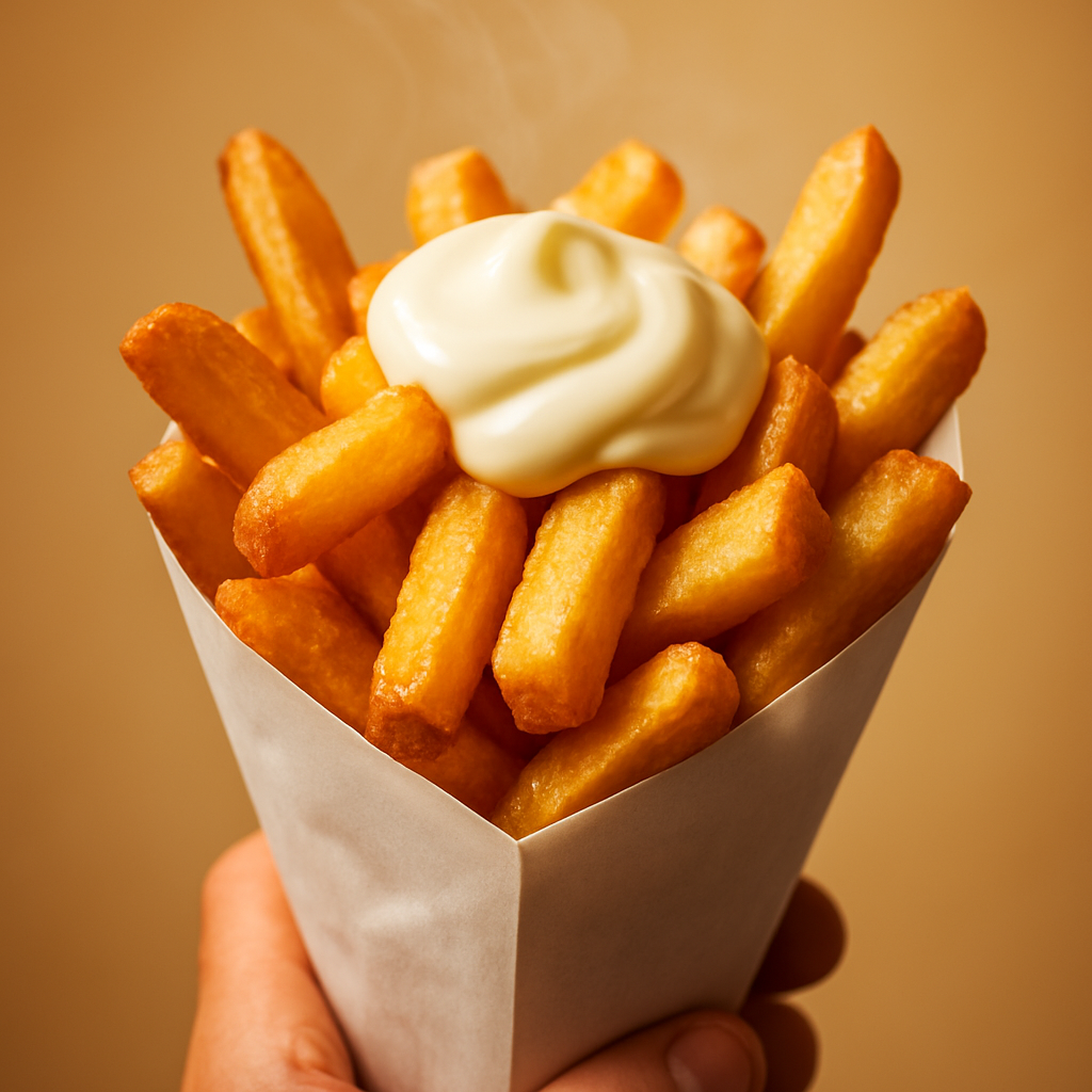 Frisch frittierte holländische Pommes mit Mayo in der Tüte