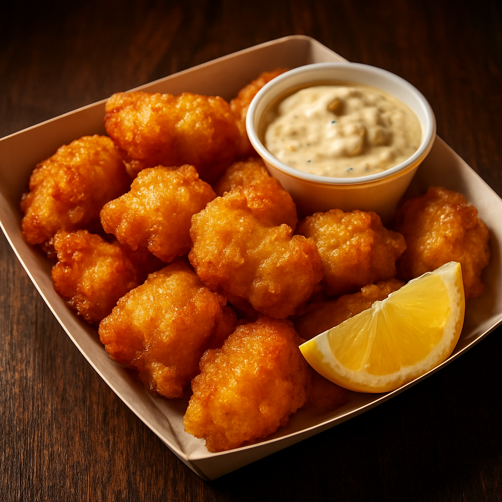 Knuspriger Kibbeling mit Knoblauchsoße und Zitrone